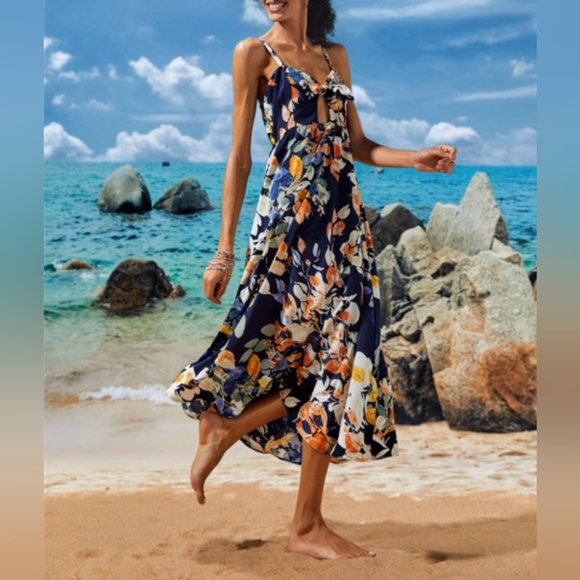 New Navy Abstract Cutout-Front Sleeveless Midi Dress - Picture 3 of 7